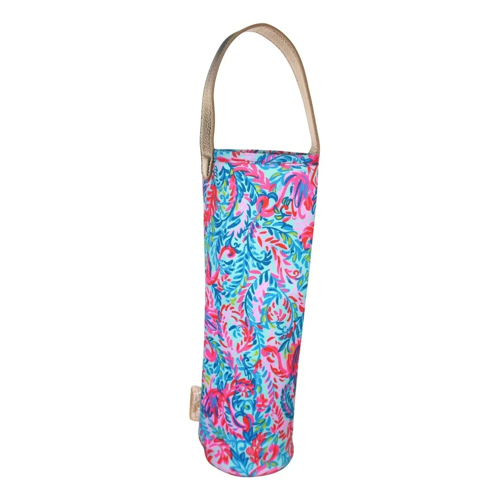 Lilly Pulitzer Wine Tote Women OS Blue Pink Floral Gold Handle Tropical Carrier